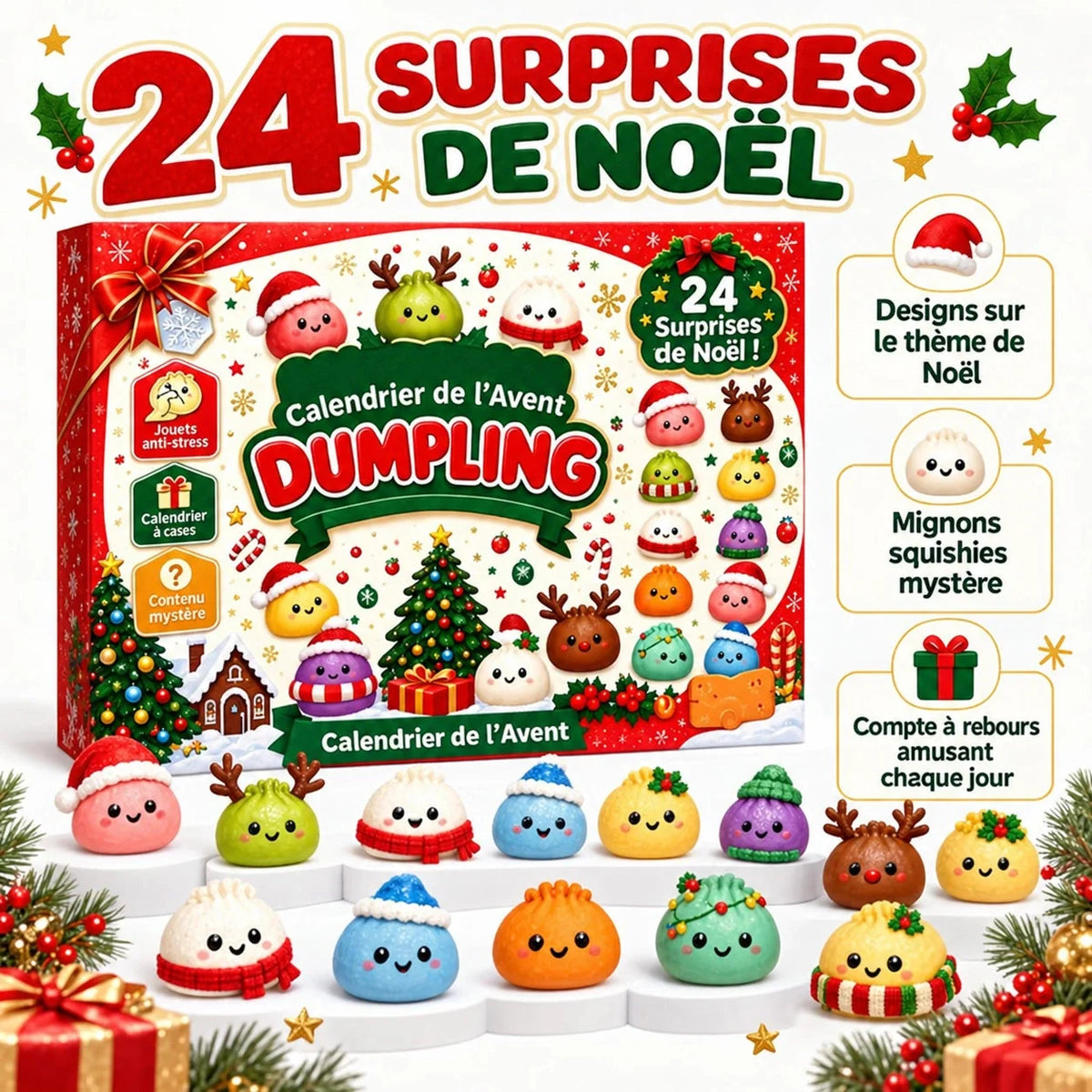 Calendrier de l'Avent Dumpling Squishy 2026 – pack et cases numérotées