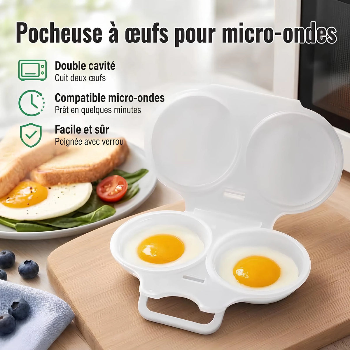 Pocheur d'Œufs Micro-Ondes – coloris blanc, double cavité